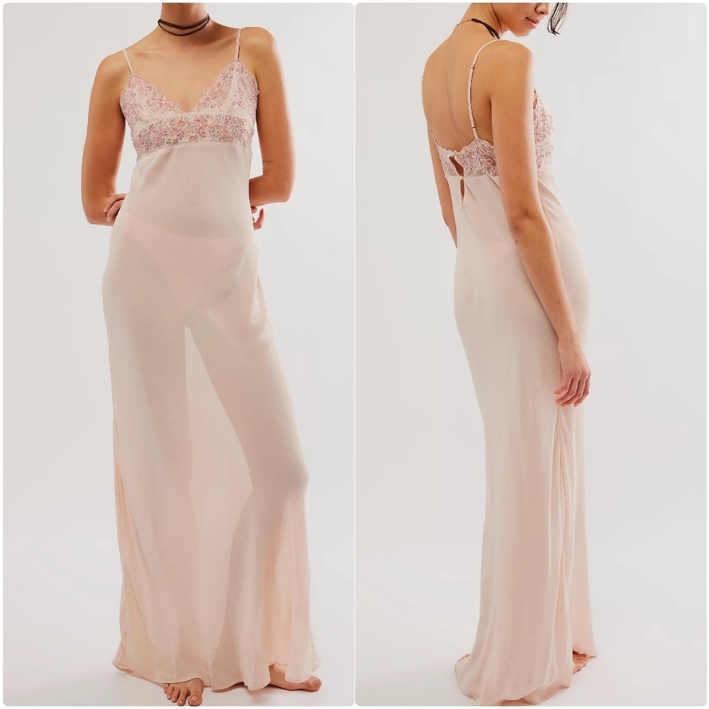 FREE PEOPLE Midnight Magic Maxi Slip Dress Pink Beaded Lace Trim Size Small